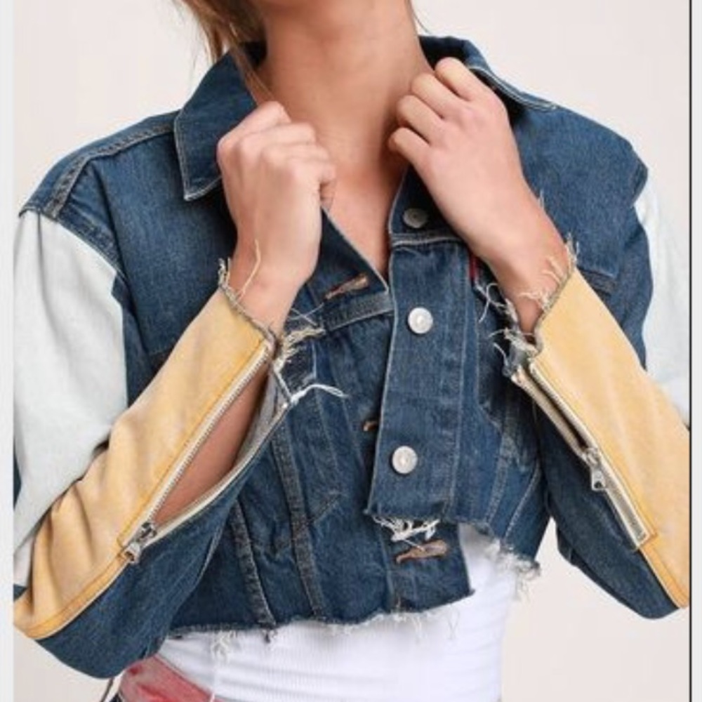 CUT OFF TRUCKER COLOR BLOCK DENIM JACKET